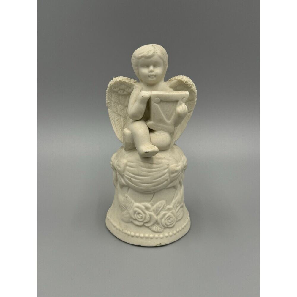 Vintage Cherub Angel W/ Harp Bell Porcelain‎ Snow Covered Wings 5.25”